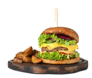 Photo of Wooden serving board with fresh burger and fried potatoes isolated on white