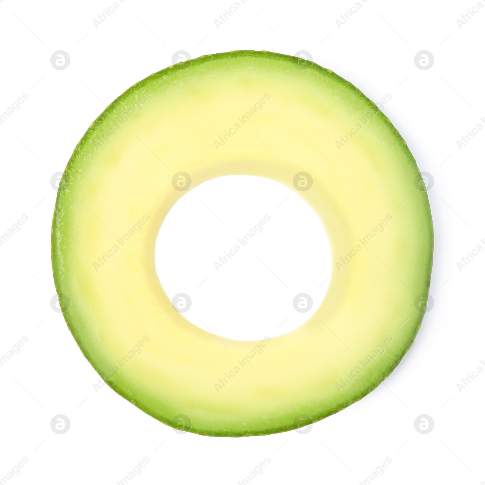 Photo of Slice of tasty ripe avocado isolated on white, top view