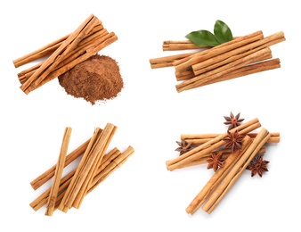 Set with aromatic cinnamon sticks on white background, top view