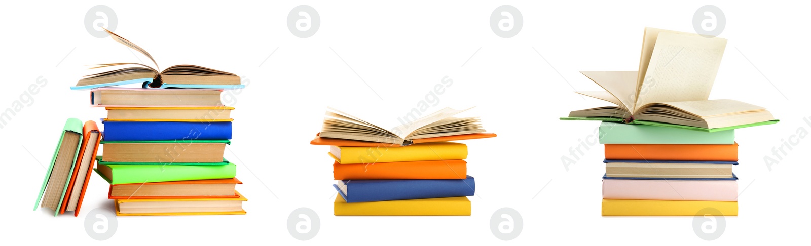 Image of Set of different bright hardcover books on white background