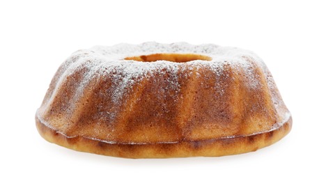 Homemade yogurt cake with powdered sugar on white background