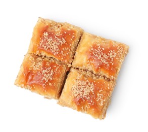 Photo of Eastern sweets. Pieces of tasty baklava isolated on white, top view