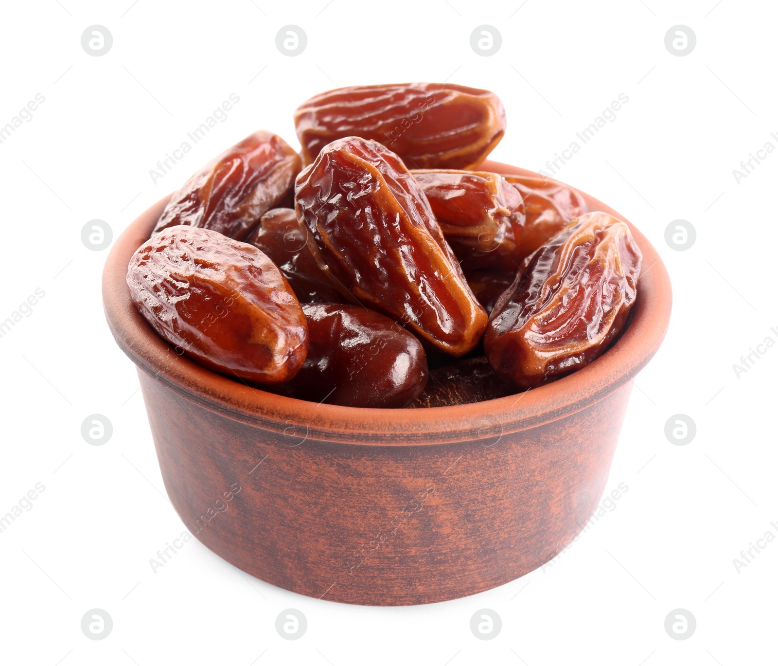 Photo of Sweet dried dates in bowl on white background