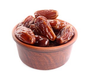 Sweet dried dates in bowl on white background