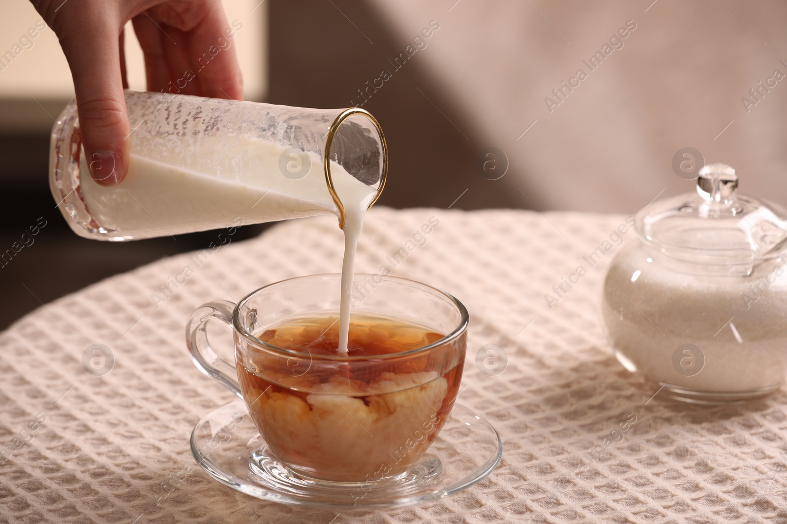 Photo of Woman pouring milk into cup with aromatic tea at table, closeup