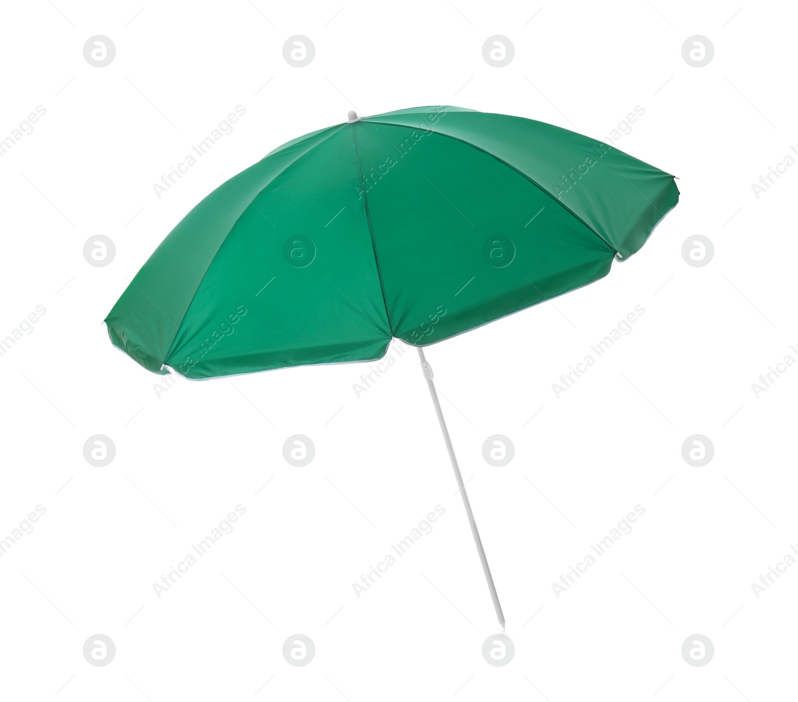 Photo of Open green beach umbrella isolated on white