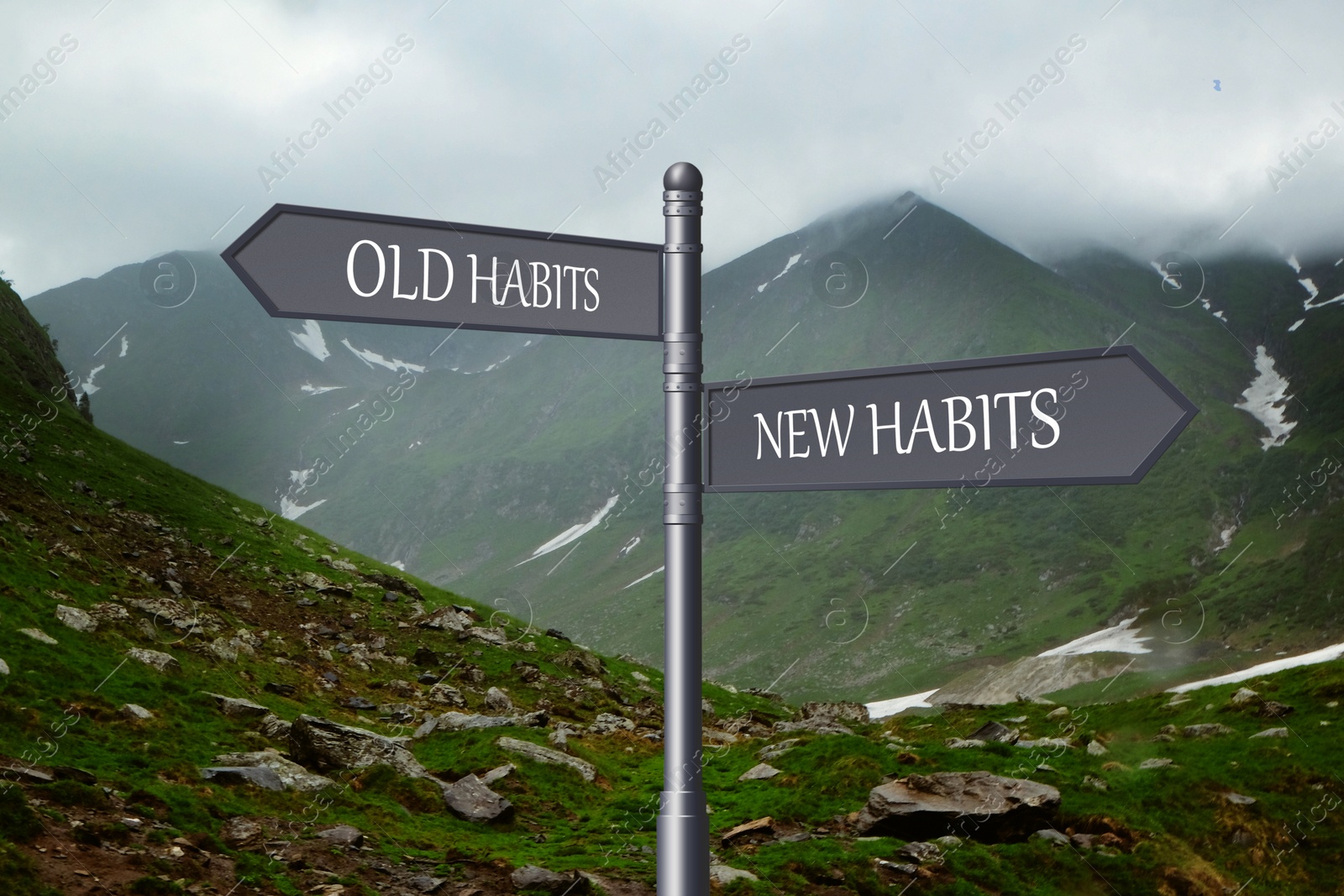 Image of Alcohol addiction: what to choose - life with old bad habits or new good ones? Signpost with different directions against mountain landscape