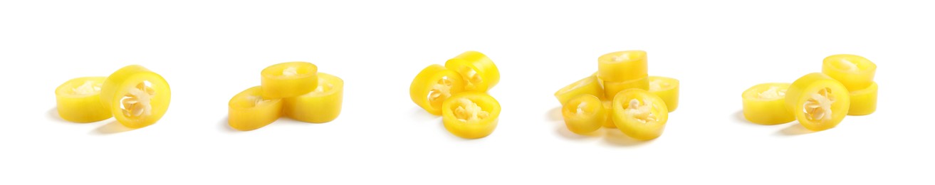 Image of Set with pieces of ripe yellow chili peppers on white background. Banner design