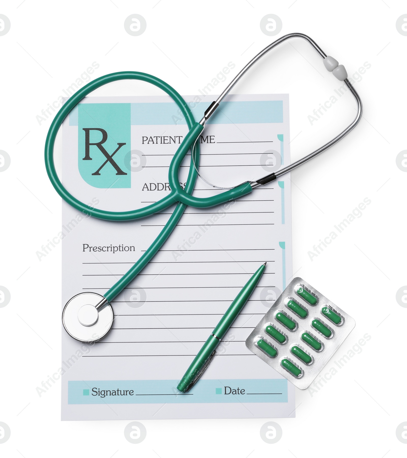 Photo of Medical prescription form, stethoscope and pills on white background, top view
