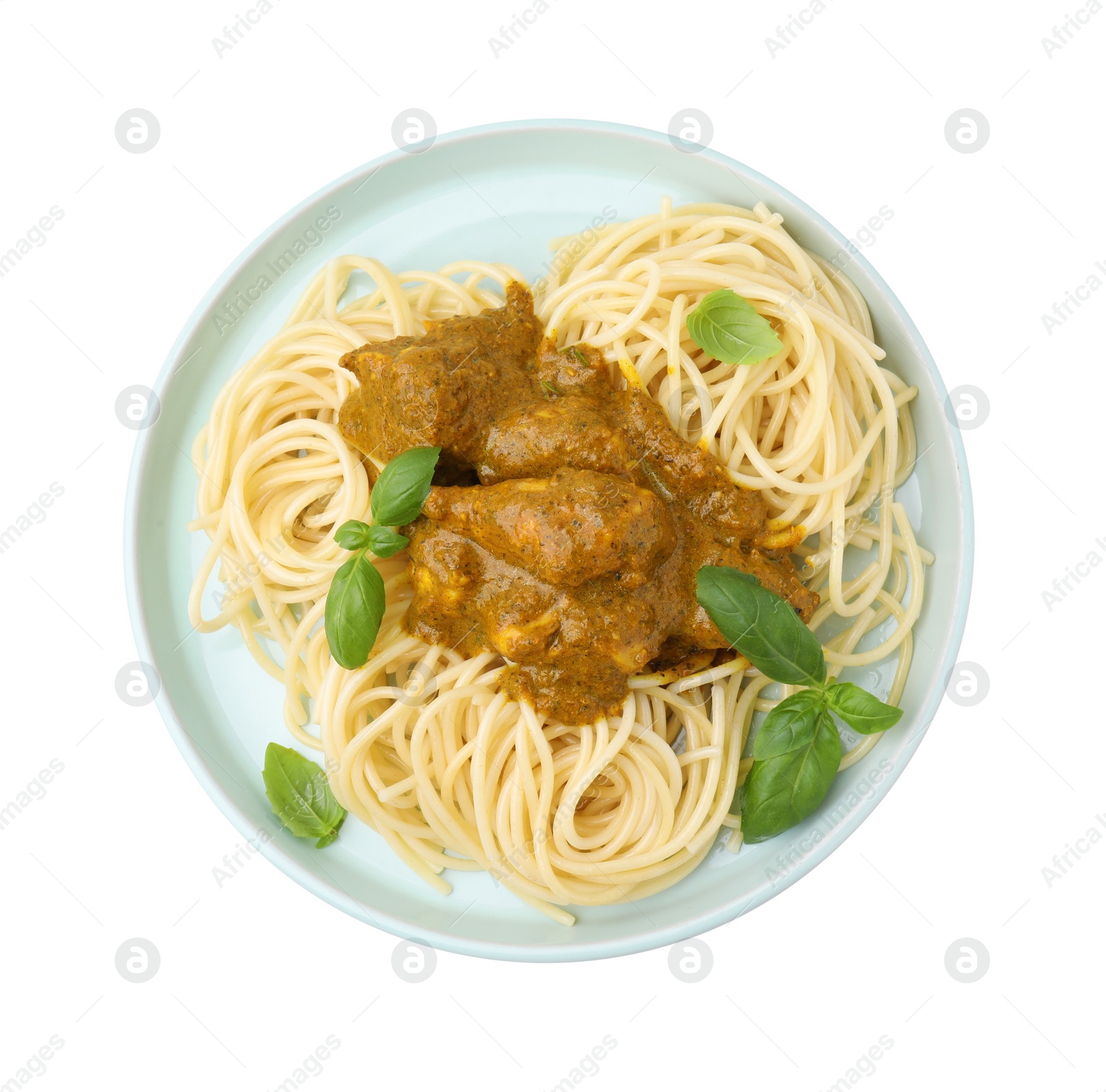 Photo of Delicious pasta and chicken with curry sauce isolated on white, top view