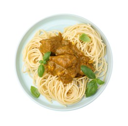 Photo of Delicious pasta and chicken with curry sauce isolated on white, top view