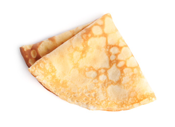 Photo of Folded fresh thin pancake isolated on white, top view