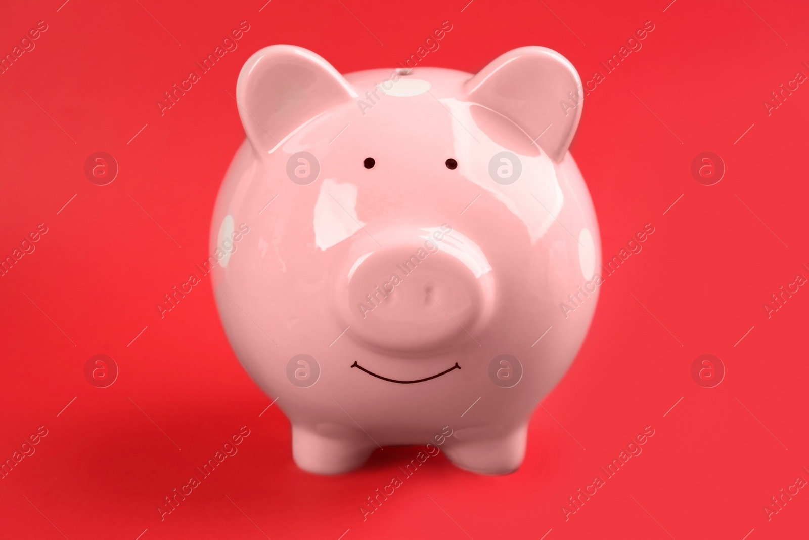 Photo of Cute pink piggy bank on red background