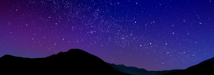 Mountain landscape and beautiful starry sky at night. Banner design