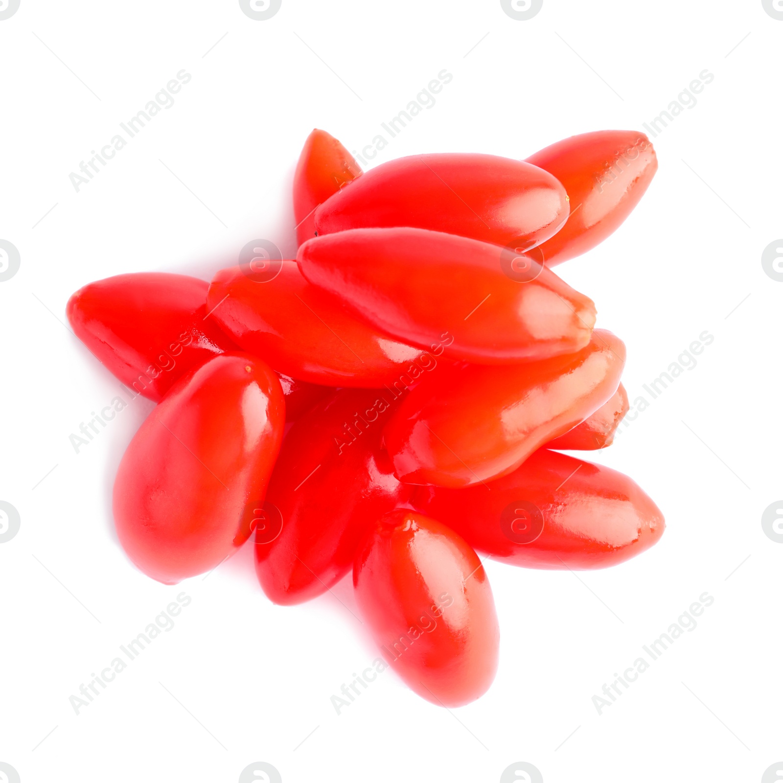 Photo of Fresh ripe goji berries on white background, top view