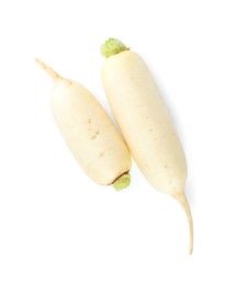 Photo of Whole fresh ripe turnips on white background, top view