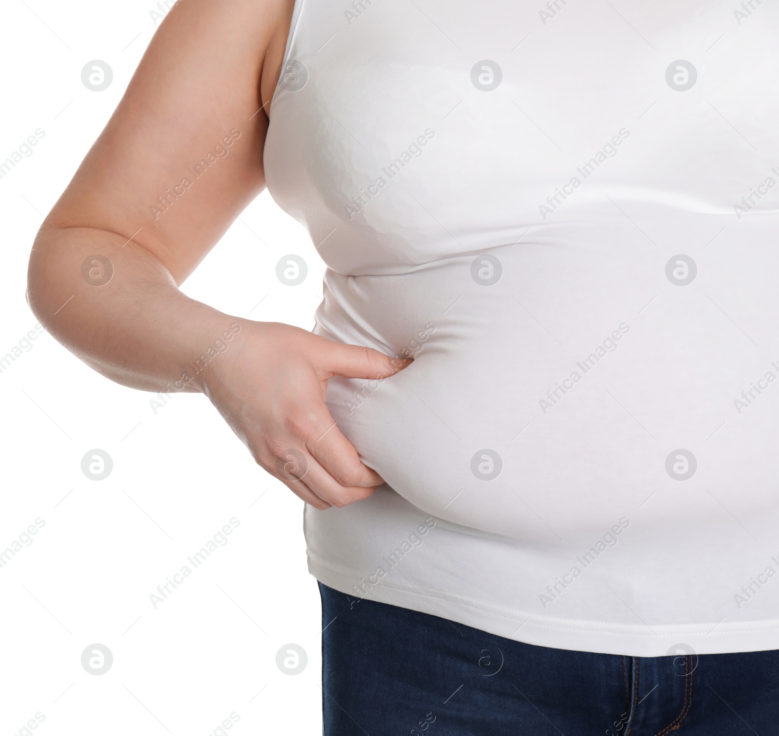Photo of Overweight woman isolated on white, closeup. Obesity and weight loss