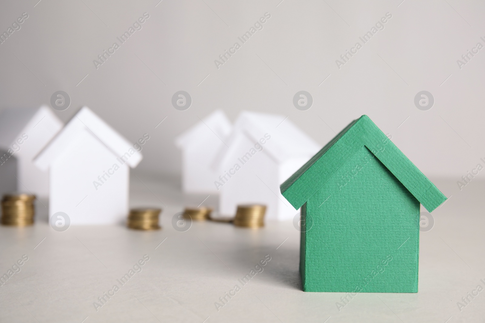 Photo of Green and white house models with money on light background