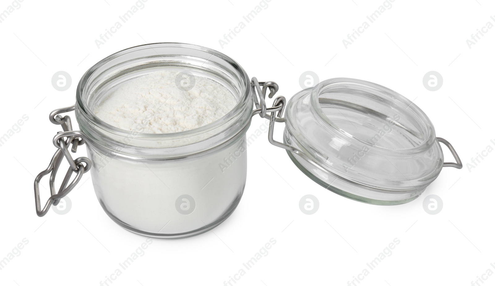 Photo of Baking powder in glass jar isolated on white