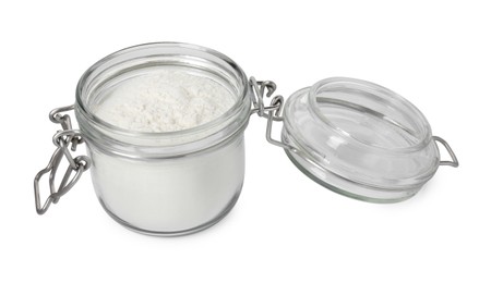 Baking powder in glass jar isolated on white