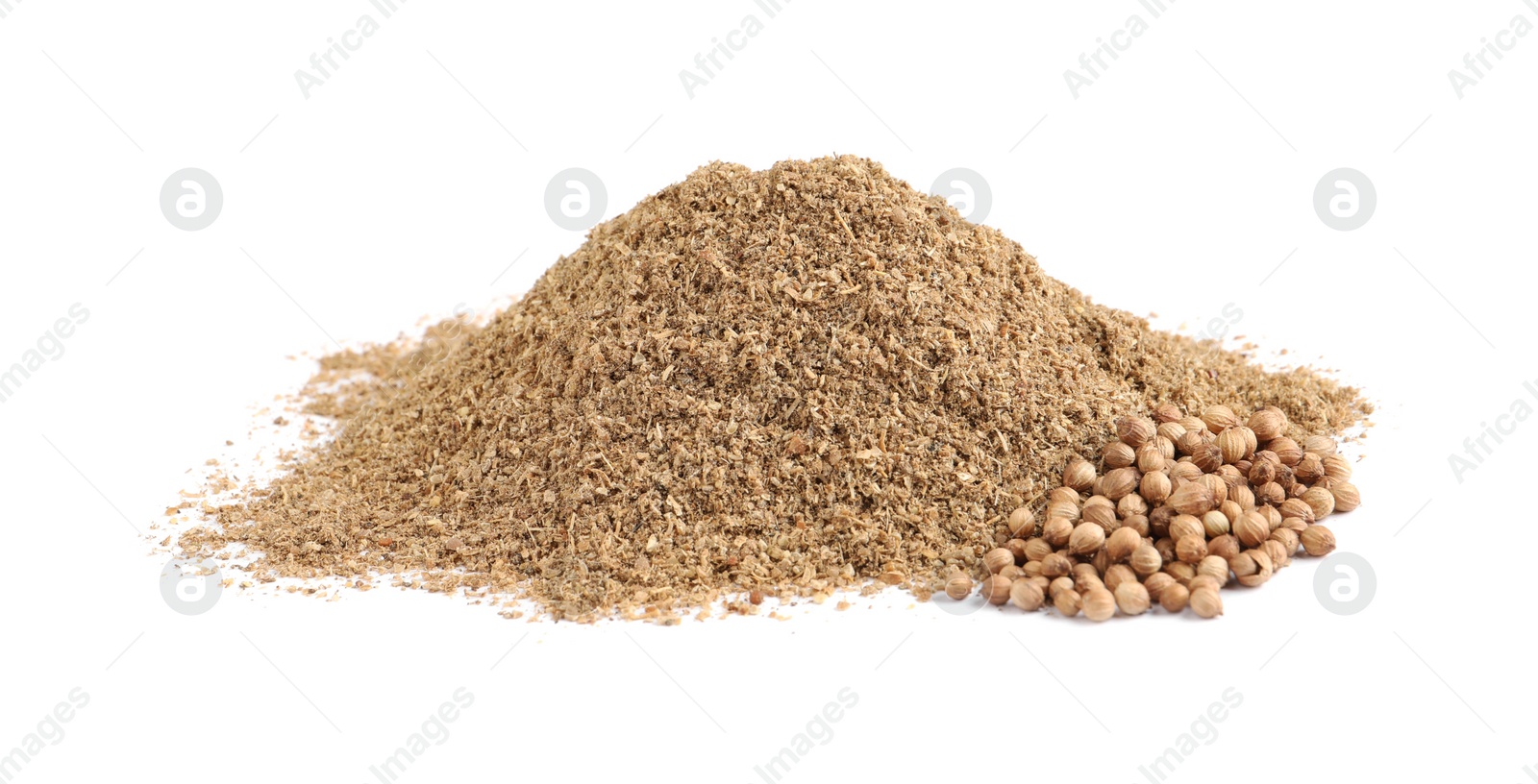 Photo of Powdered coriander and corns isolated on white