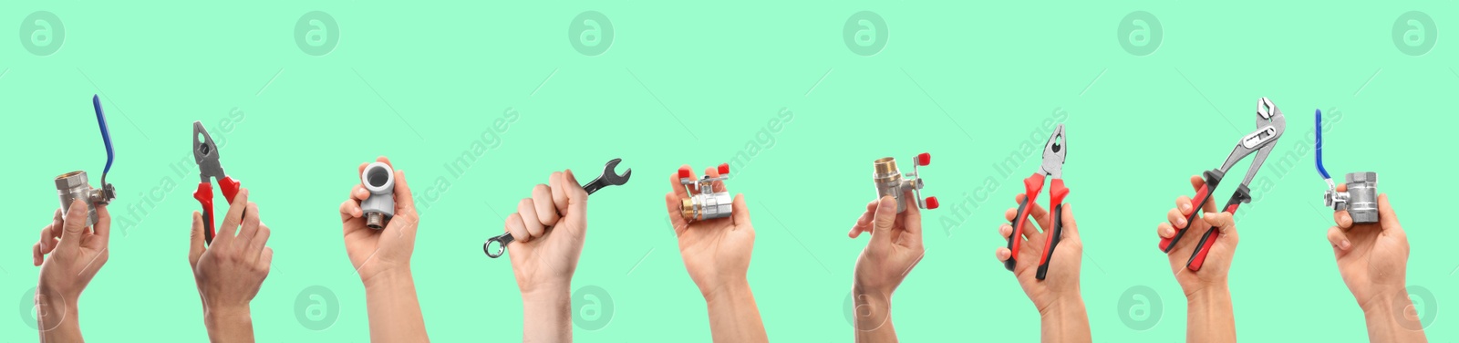 Image of Collage with photos of men holding different plumbing tools on turquoise background. Banner design