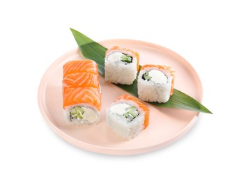 Tasty sushi rolls with green leaf on white background