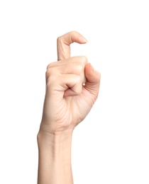 Photo of Woman showing X letter on white background, closeup. Sign language