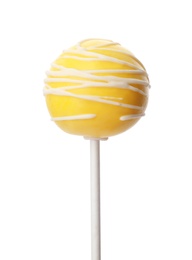 Photo of Delicious bright cake pop on white background