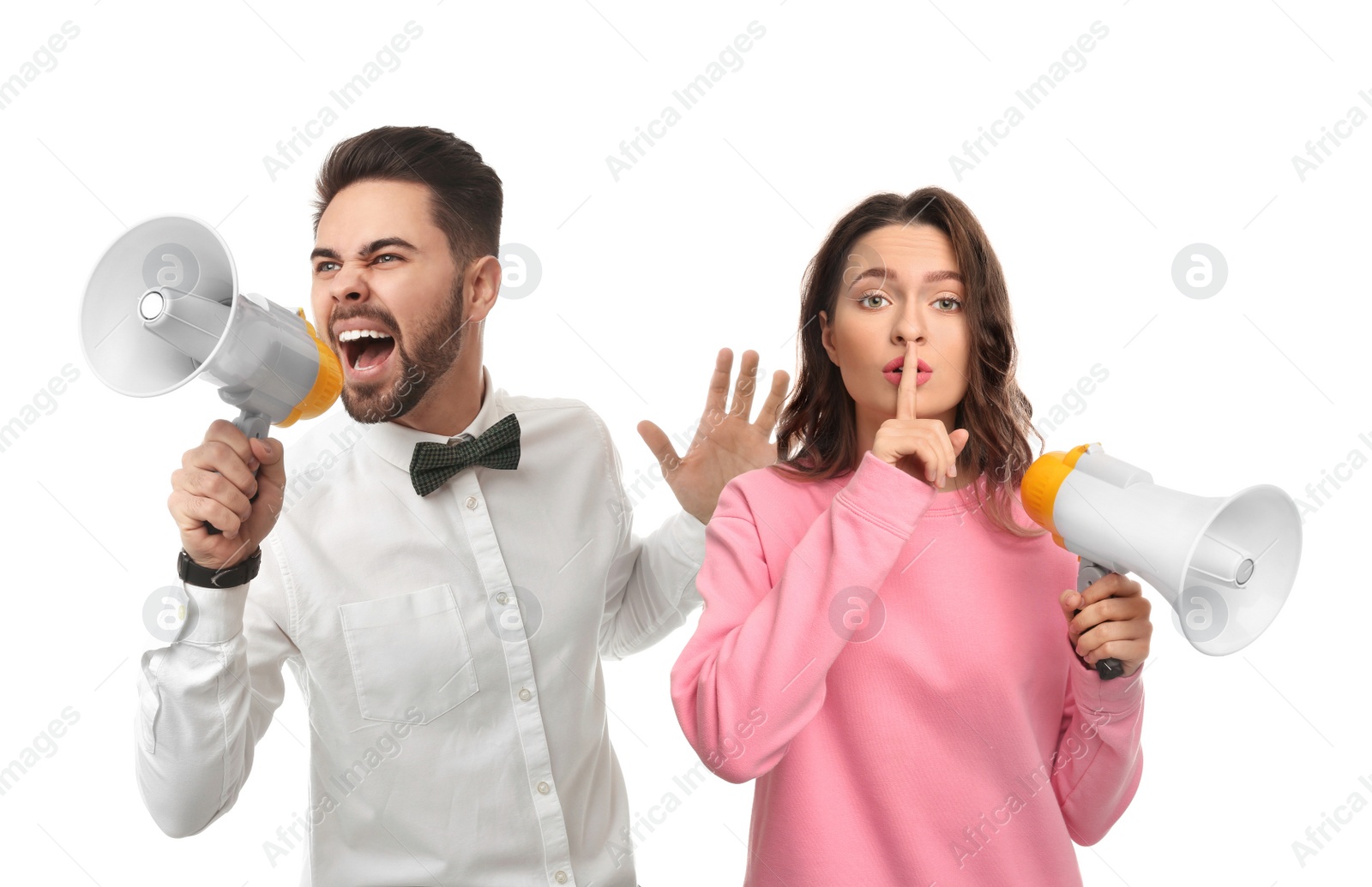 Image of Collage of people with megaphones on white background