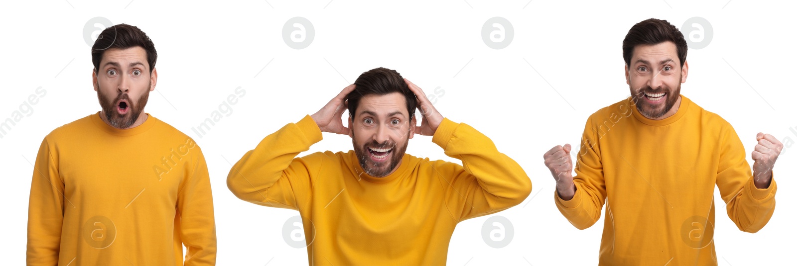 Image of Surprised man on white background, collage of photos