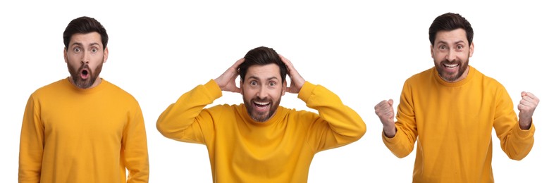 Image of Surprised man on white background, collage of photos