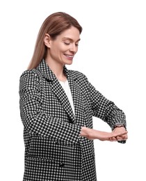 Photo of Beautiful happy businesswoman in suit posing on white background