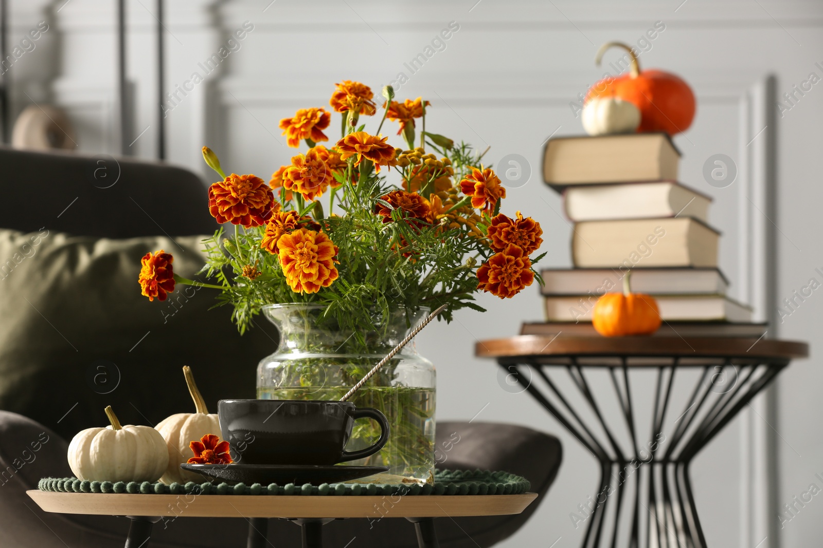 Photo of Beautiful autumn flowers, cup of drink and pumpkins on coffee table indoors, space for text