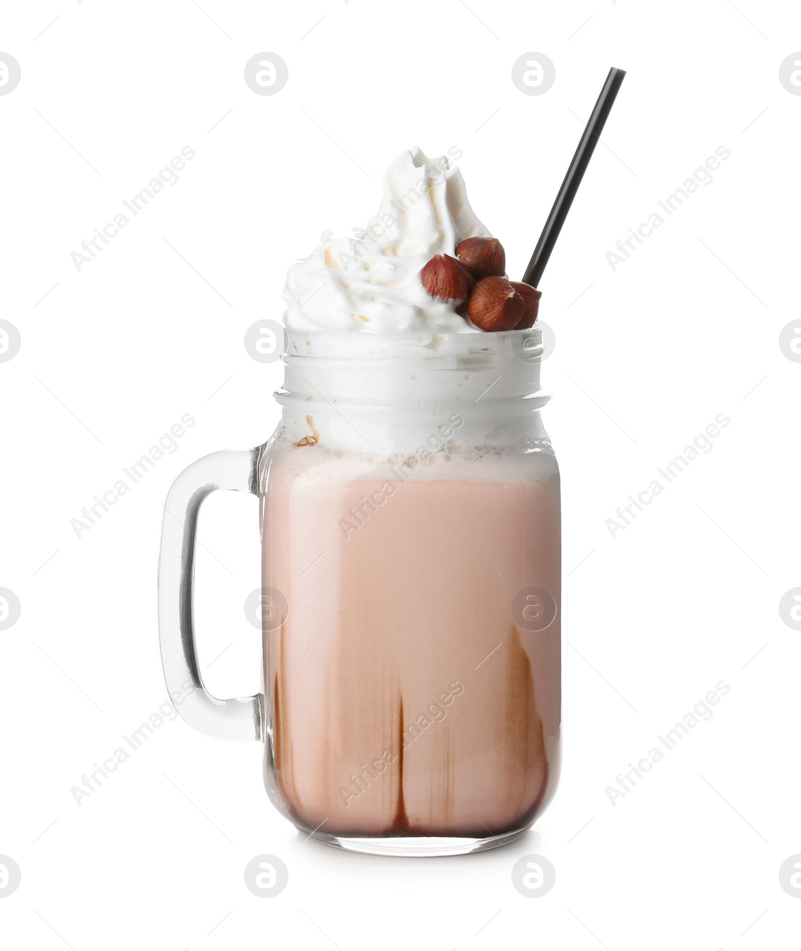 Photo of Mason jar with delicious milk shake on white background