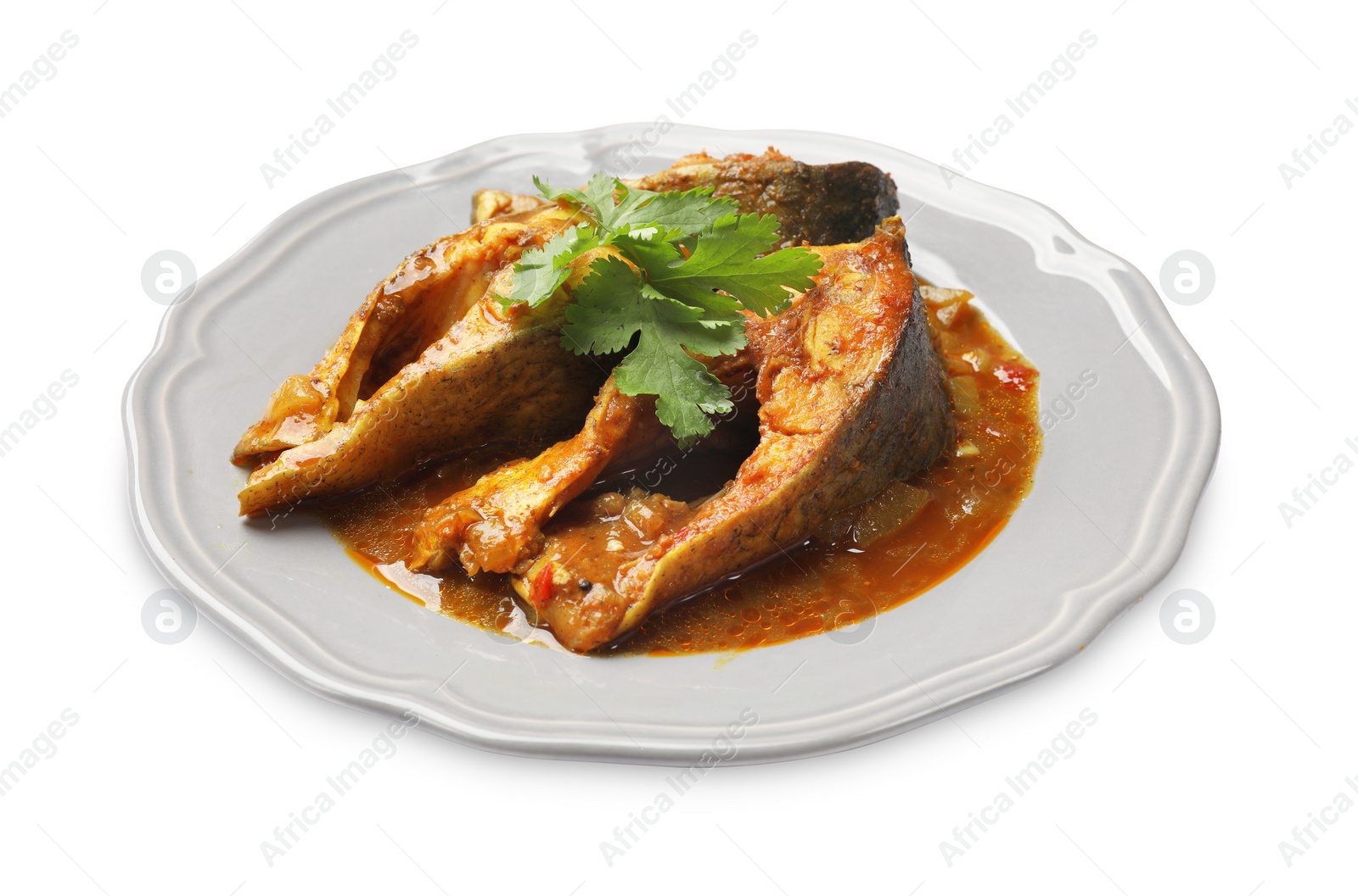 Photo of Tasty fish curry on white background. Indian cuisine