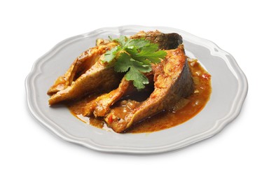 Photo of Tasty fish curry on white background. Indian cuisine
