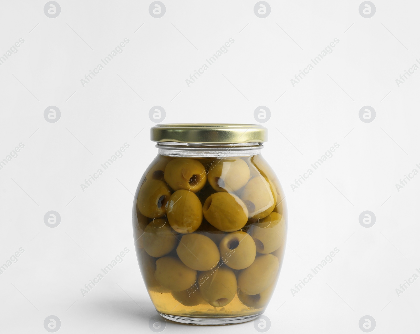 Photo of Glass jar with pickled olives on white background