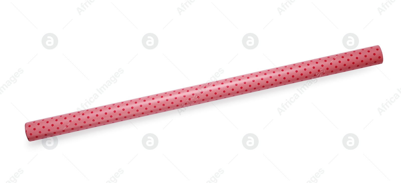 Photo of Roll of polka dot wrapping paper isolated on white, top view