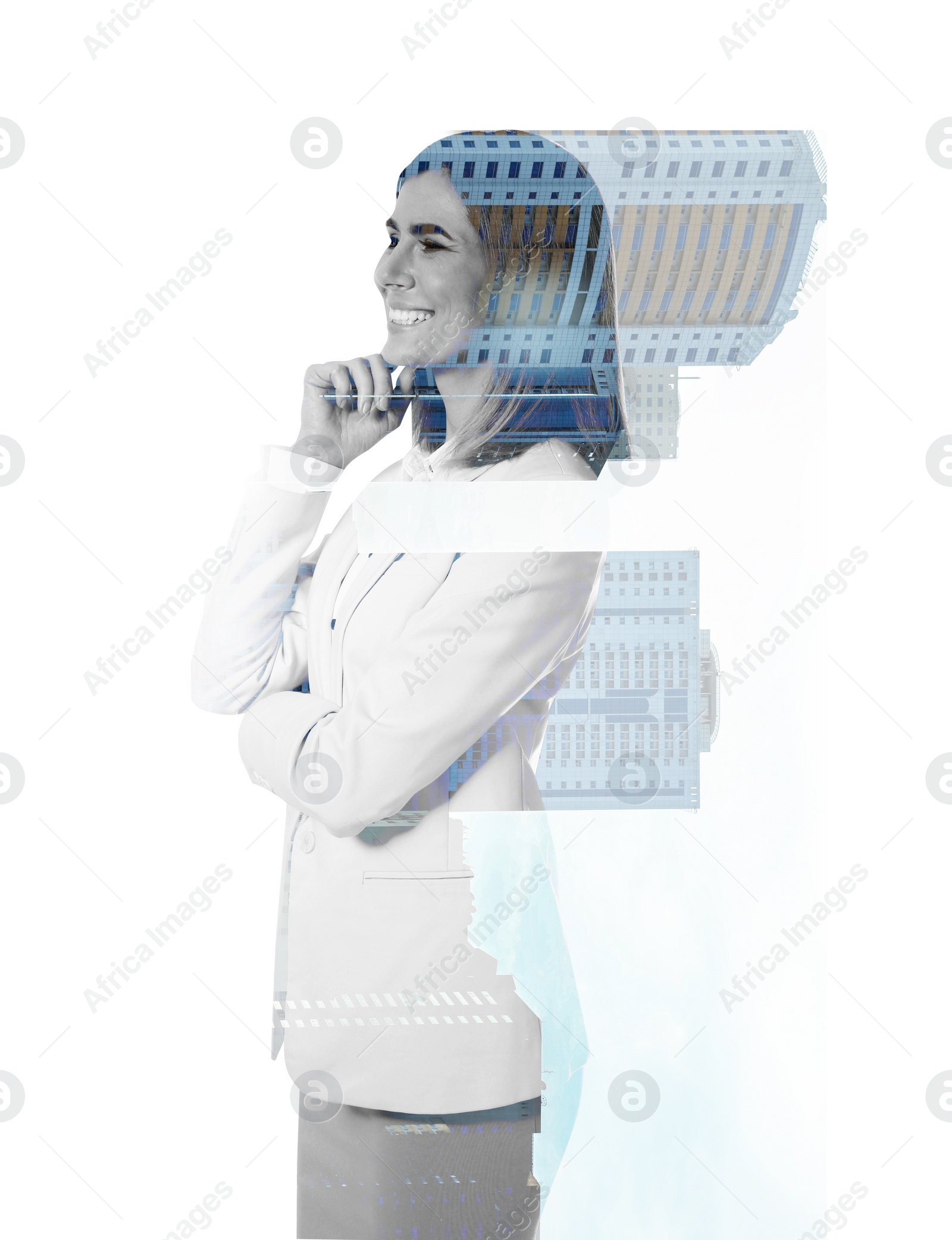 Image of Double exposure of businesswoman and office buildings