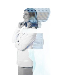 Double exposure of businesswoman and office buildings