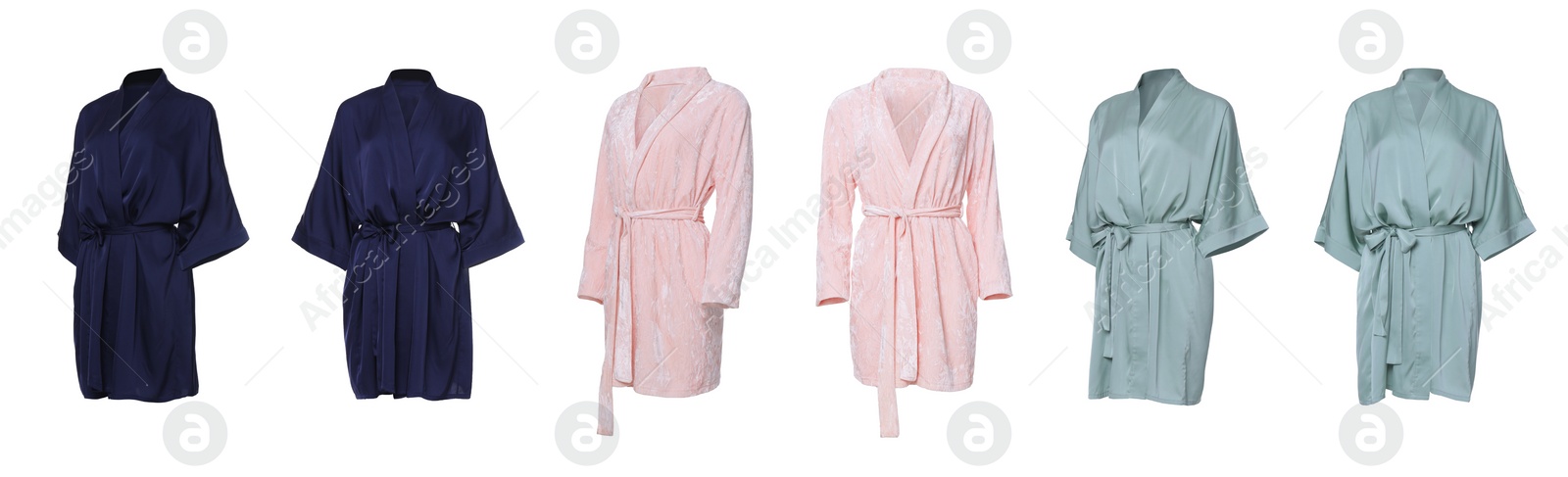 Image of Set of different bathrobes on white background