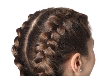 Woman with braided hair on light background, closeup
