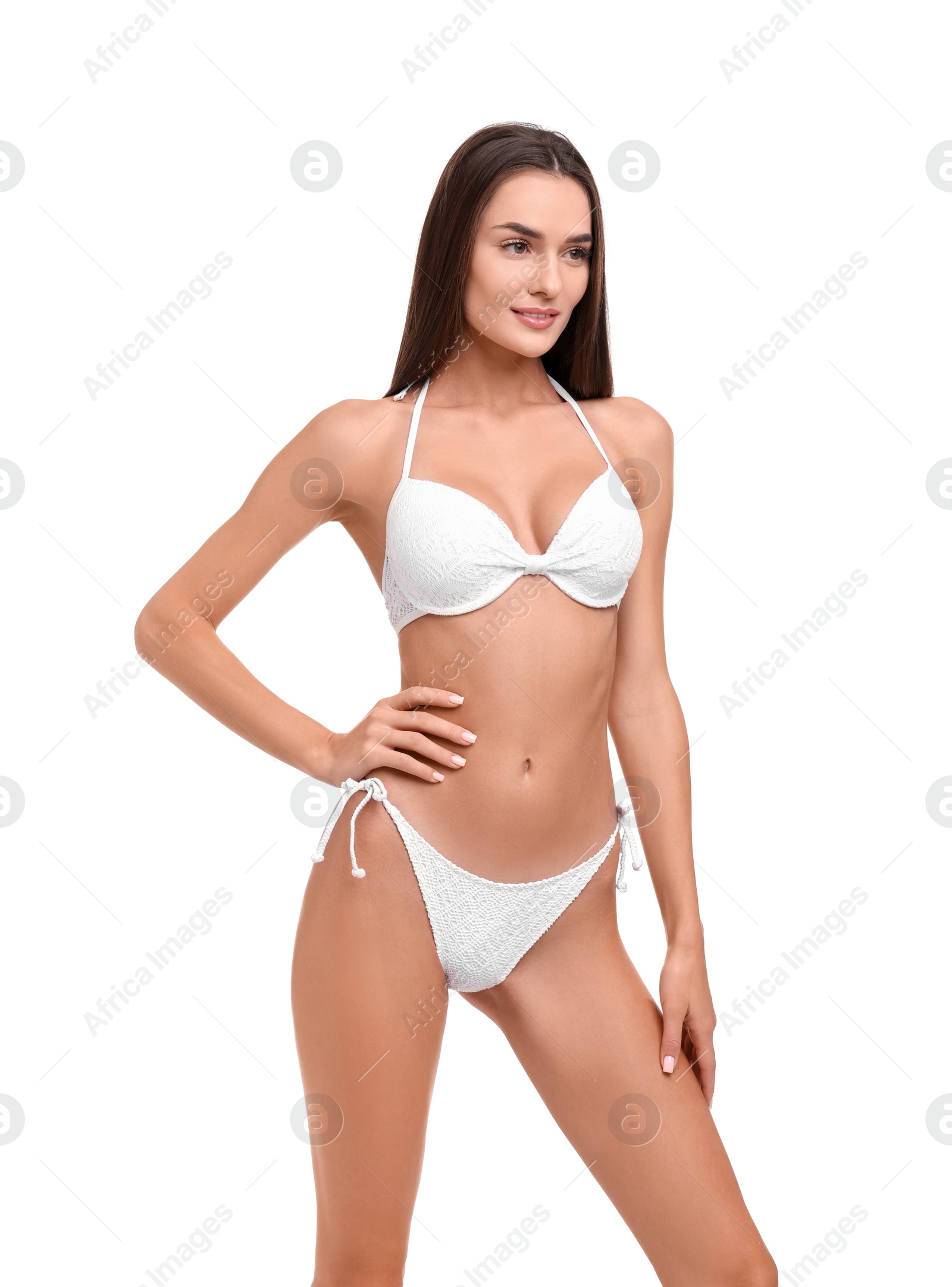 Photo of Young woman in stylish bikini isolated on white