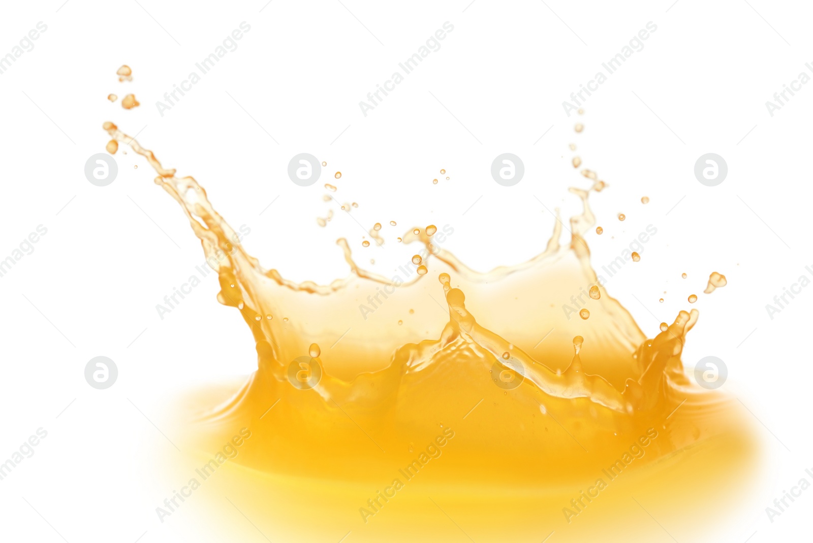 Photo of Splashing tasty fresh juice on white background