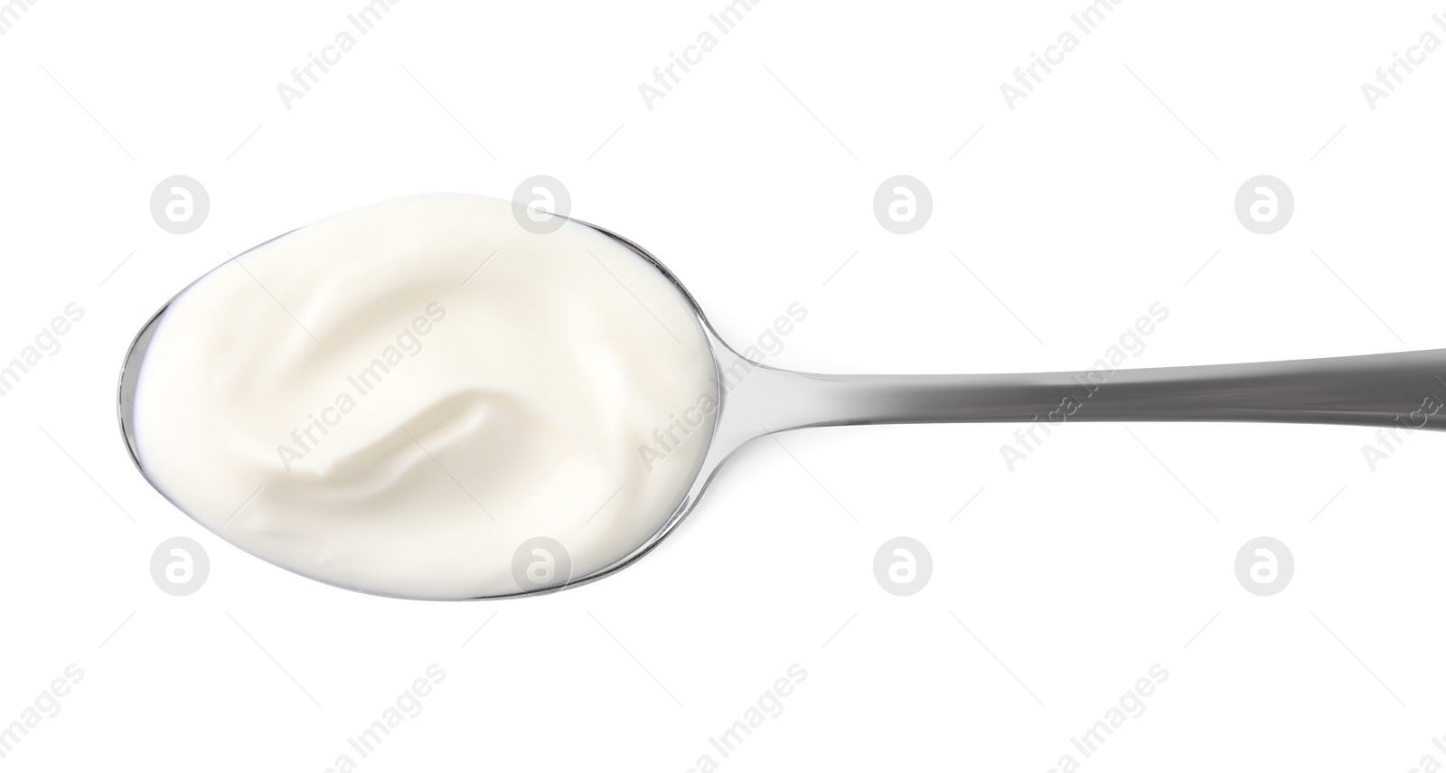 Photo of Spoon with delicious sour cream isolated on white, top view