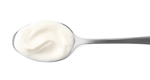 Photo of Spoon with delicious sour cream isolated on white, top view