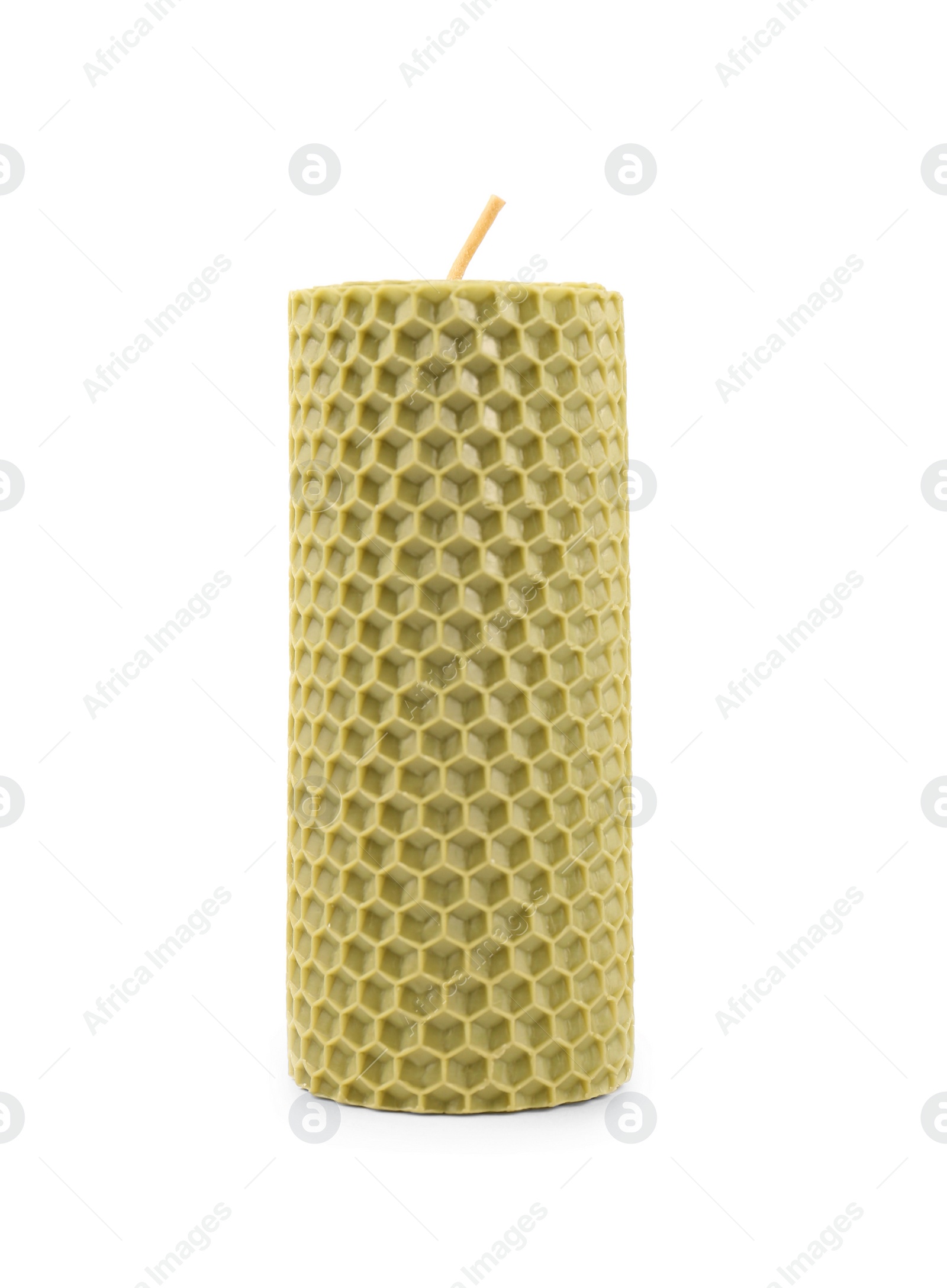 Photo of Stylish elegant beeswax candle isolated on white