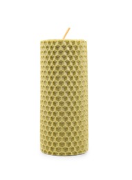 Stylish elegant beeswax candle isolated on white