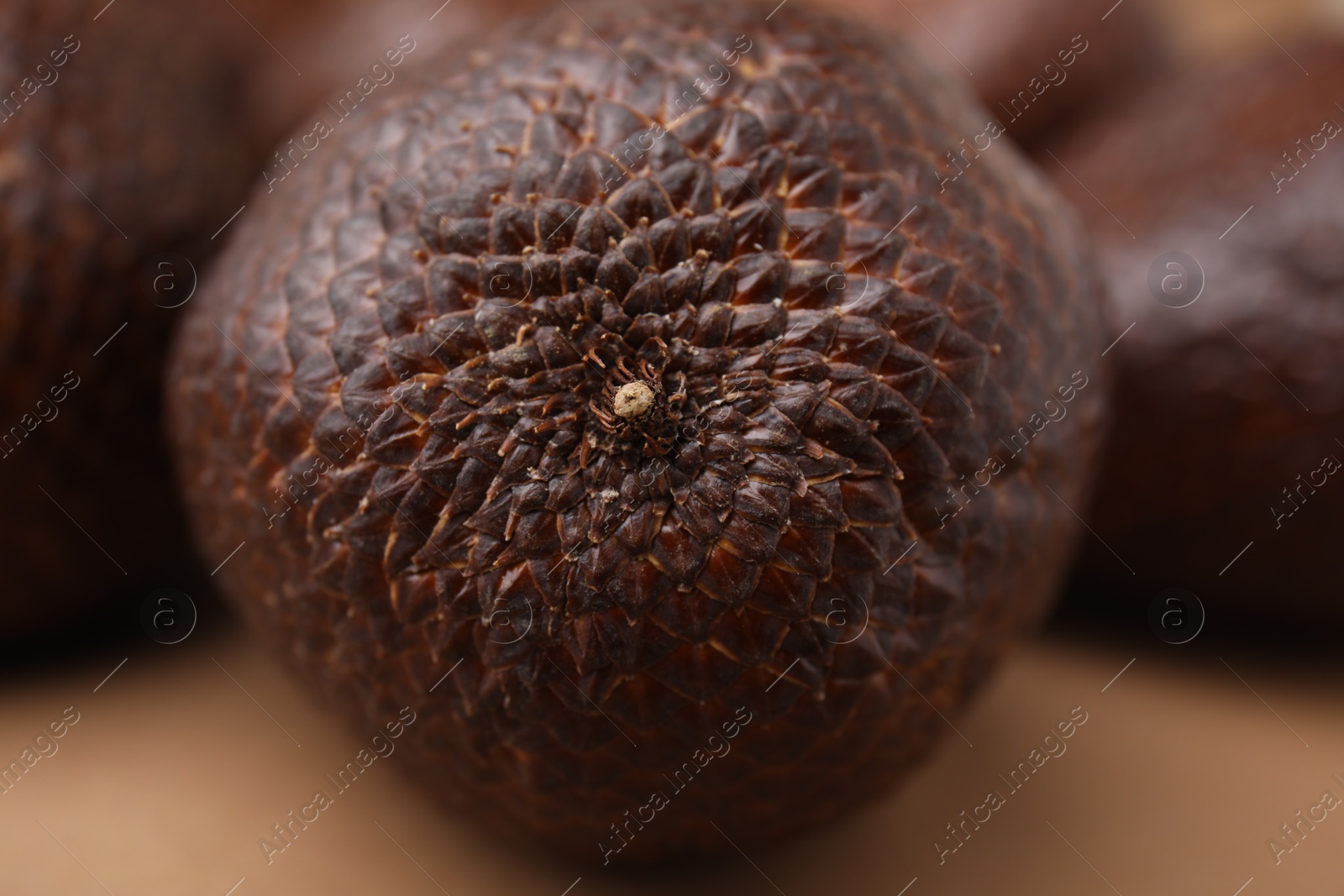 Photo of One delicious salak fruit on beige table, closeup